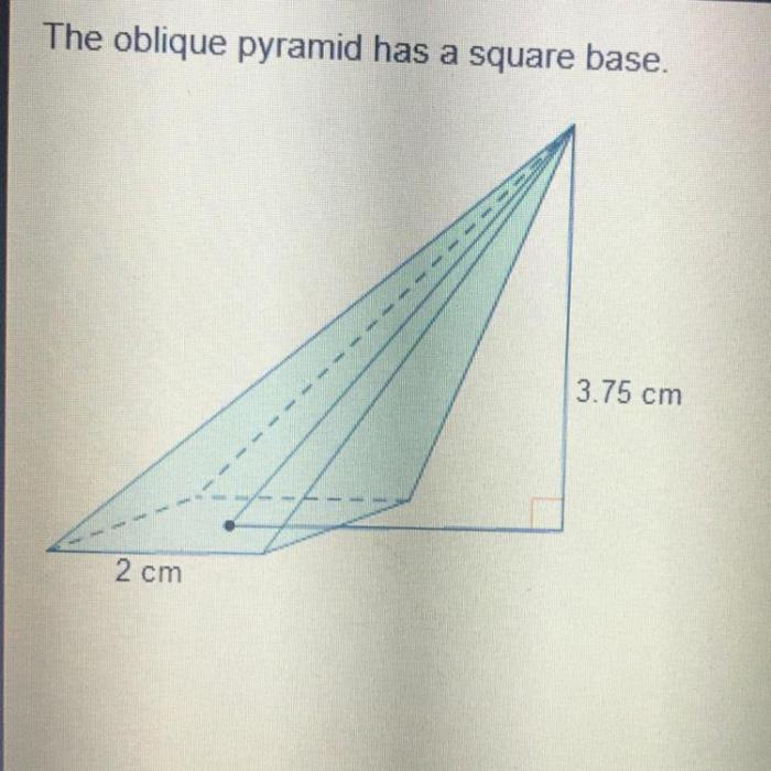 The oblique pyramid has a square base.