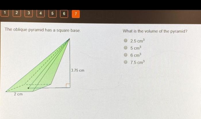 Pyramid base has oblique edge length volume